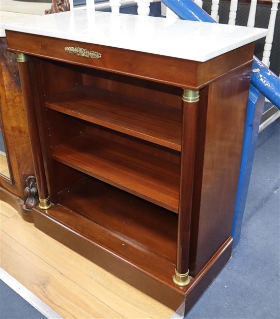 A pair of Empire style mahogany marble top open bookcases W.81cm